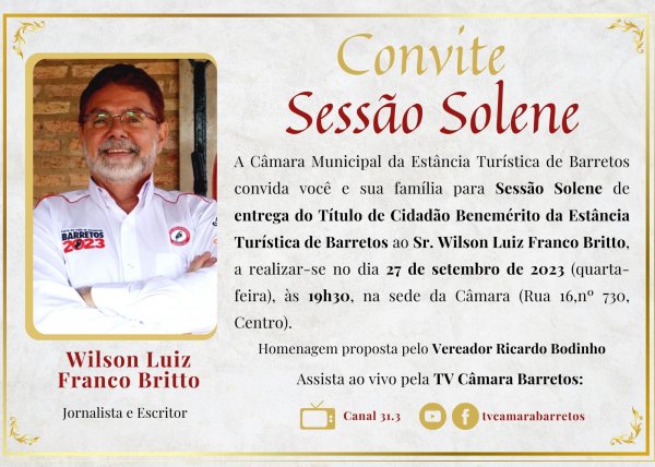 Wilson Luiz Franco Britto recebe título de Cidadão Benemérito de Barretos